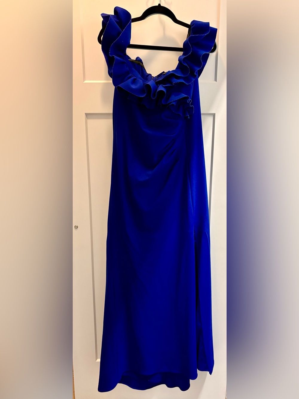 Xscape Cobalt Blue Ruffle-Detail Maxi Gown